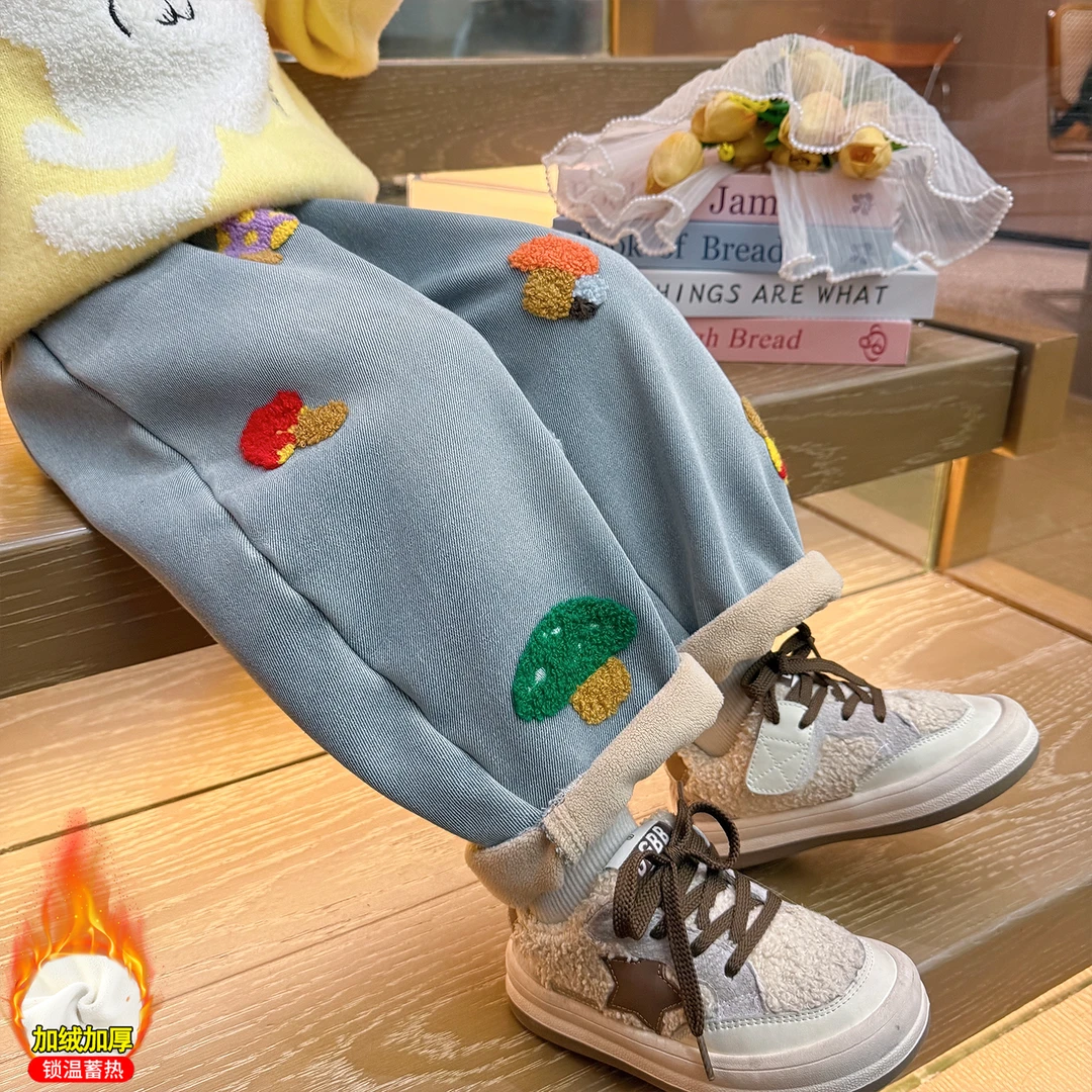 女童加绒绣花牛仔裤一体绒儿童秋冬装加厚休闲裤小女孩时髦老爹裤