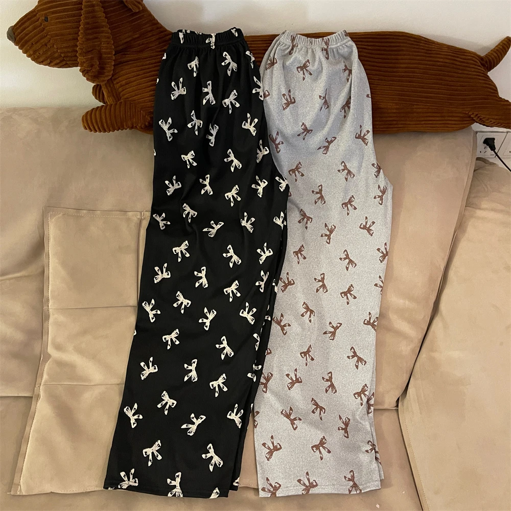 冰丝螺纹长款遛弯裤女春夏季薄款宽松直筒卡通休闲可外穿居家睡裤