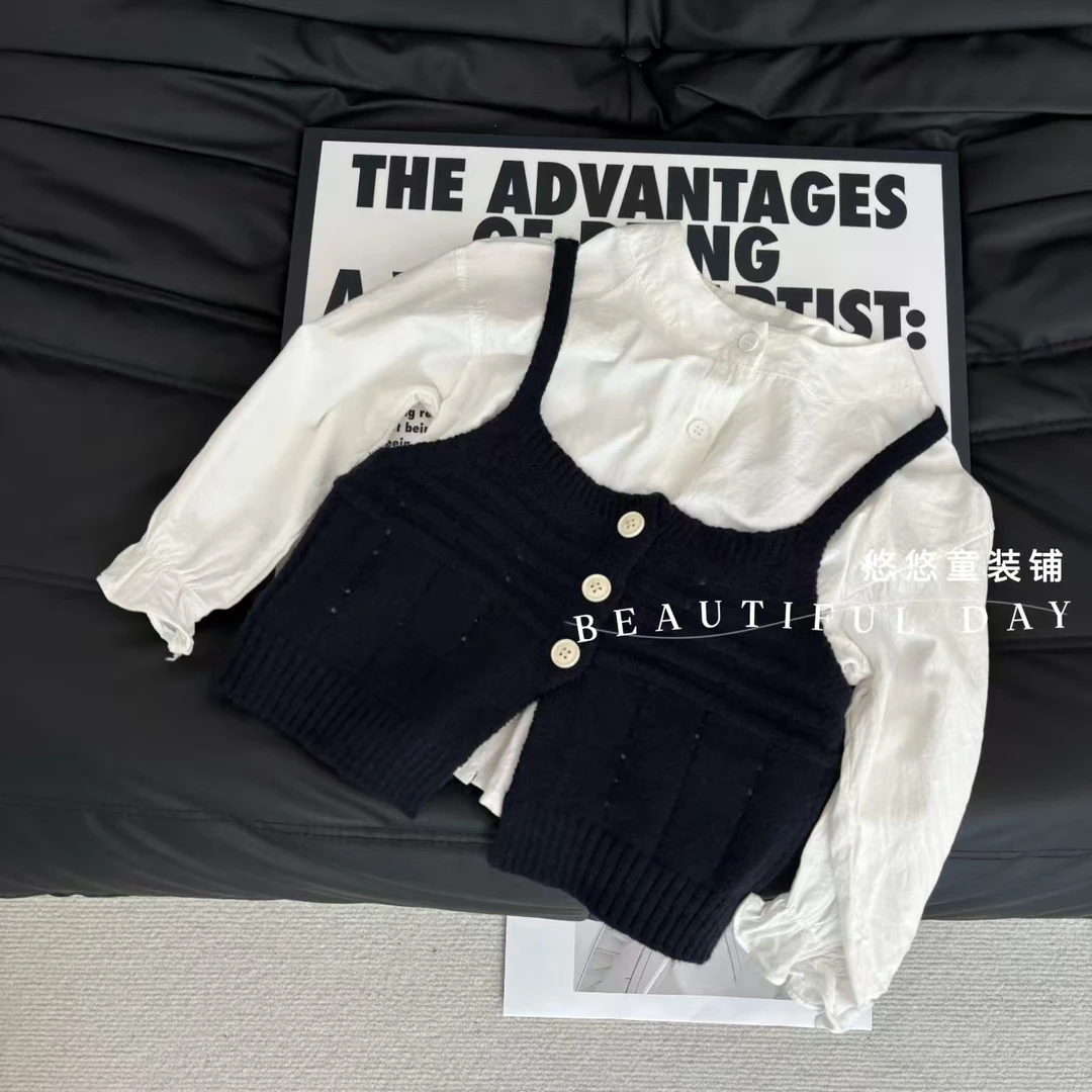 新款秋季洋气女童针织背心开衫扣长袖衬衣上衣