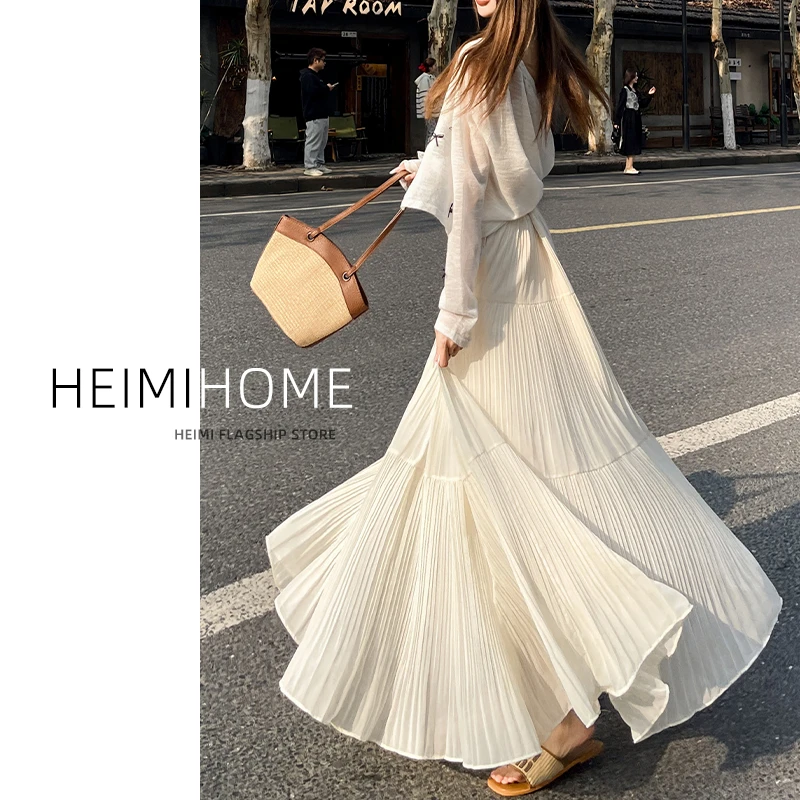 杏色大摆半身裙女春夏季温柔风压褶a字蛋糕长裙小个子雪纺百褶裙