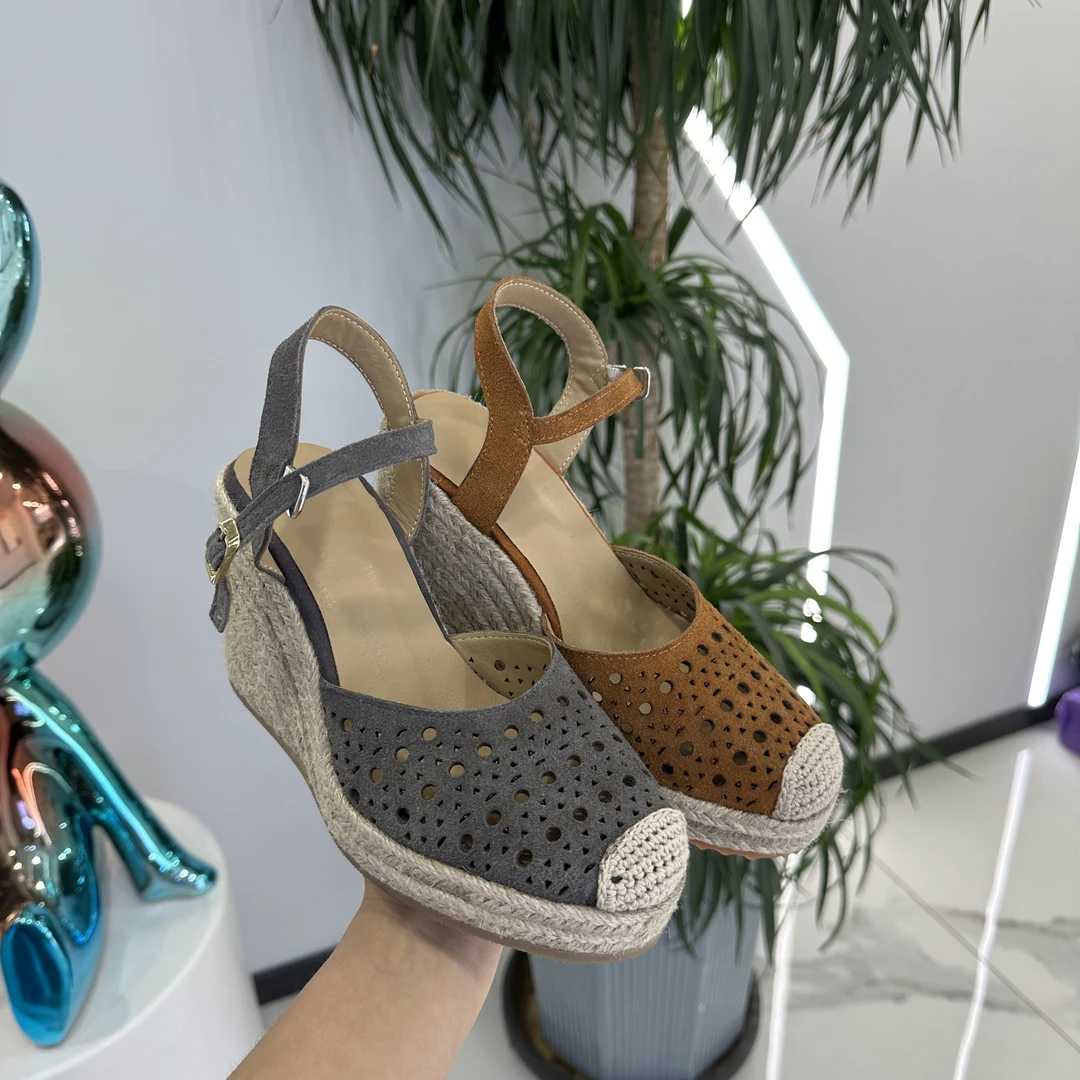 077-1包头高跟坡跟纯色圆头时装凉鞋厚底百搭凉鞋时尚编织