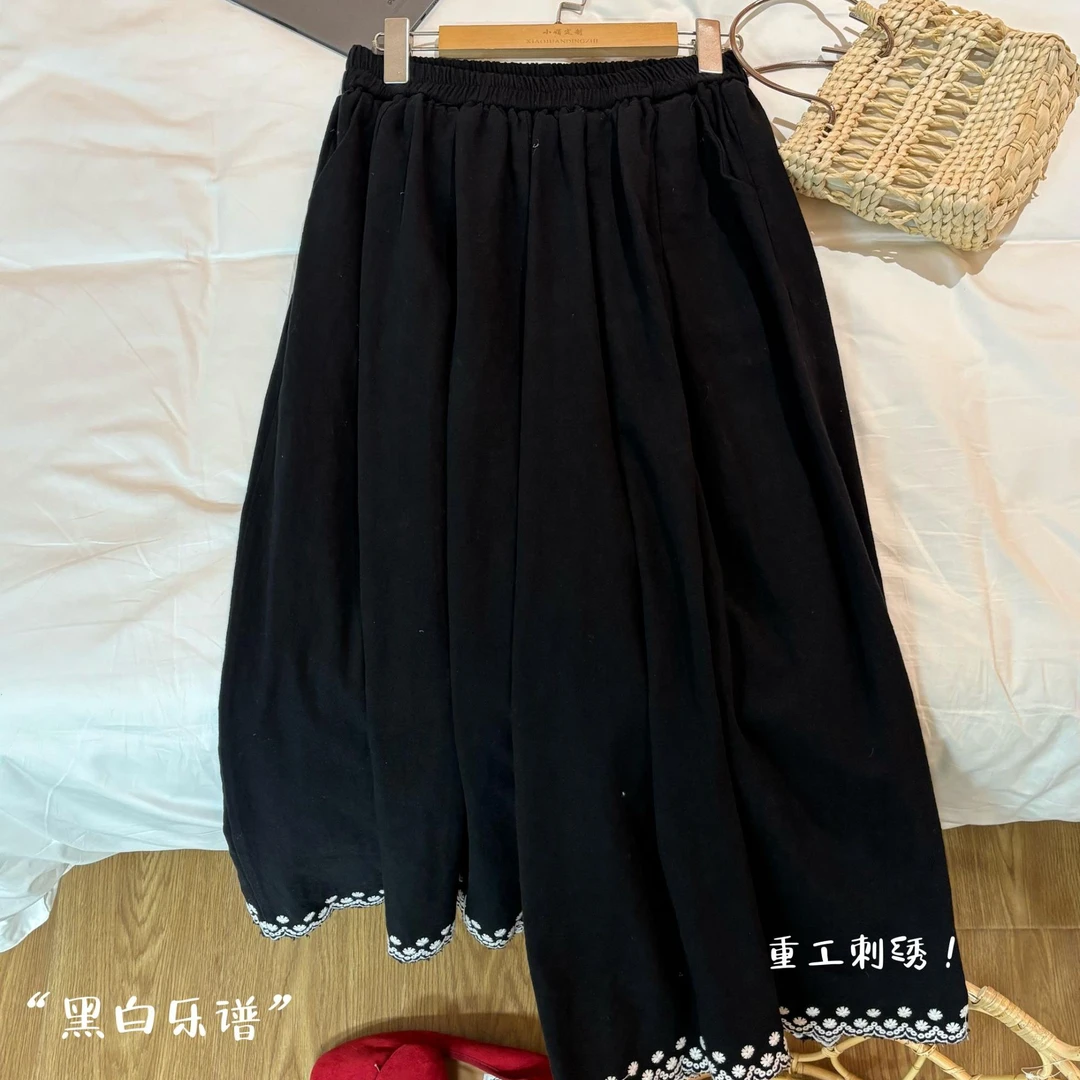 S2497【黑白乐谱】日系文艺复古高腰阔腿裤女森系甜美刺绣花边裙裤