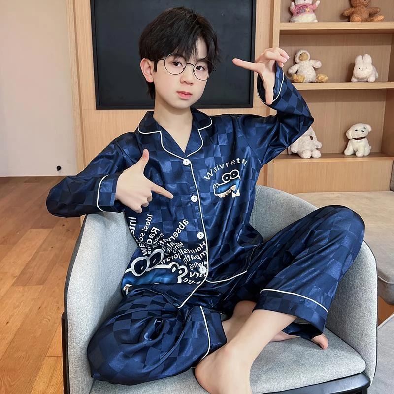 范哲萨儿童睡衣长袖男童春秋季中大童薄款卡通家居服法兰绒套装