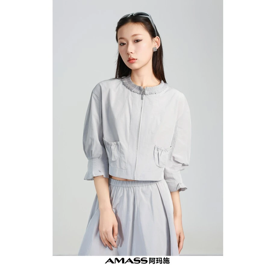 AMASS/阿玛施540020七分袖上衣巴恩风抽袖精致短外套女