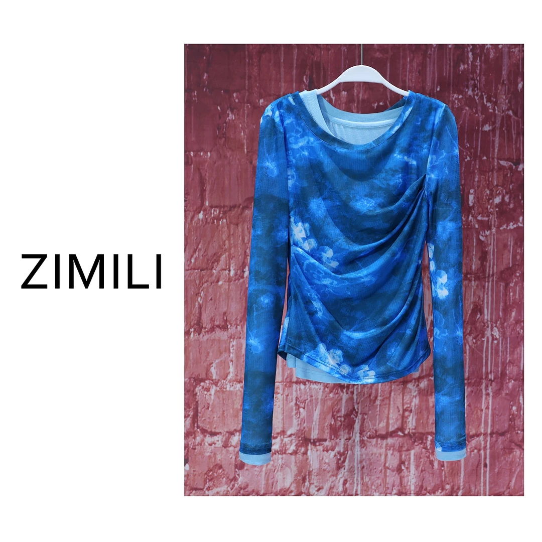 【亮哥女装】2025欧版新品设计师蓝色假两件高弹打底上衣6701-K7