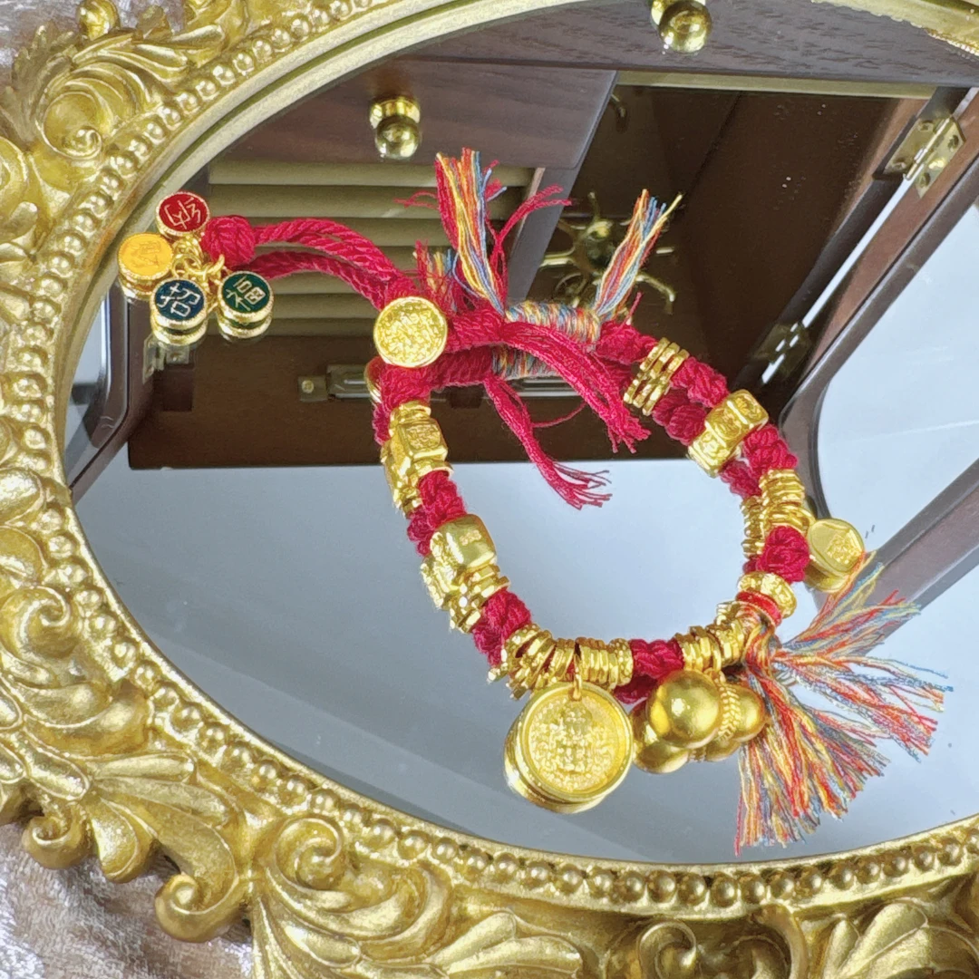 铜合金珐琅手链 黄财手工编织红绳流苏盘缠古法金色