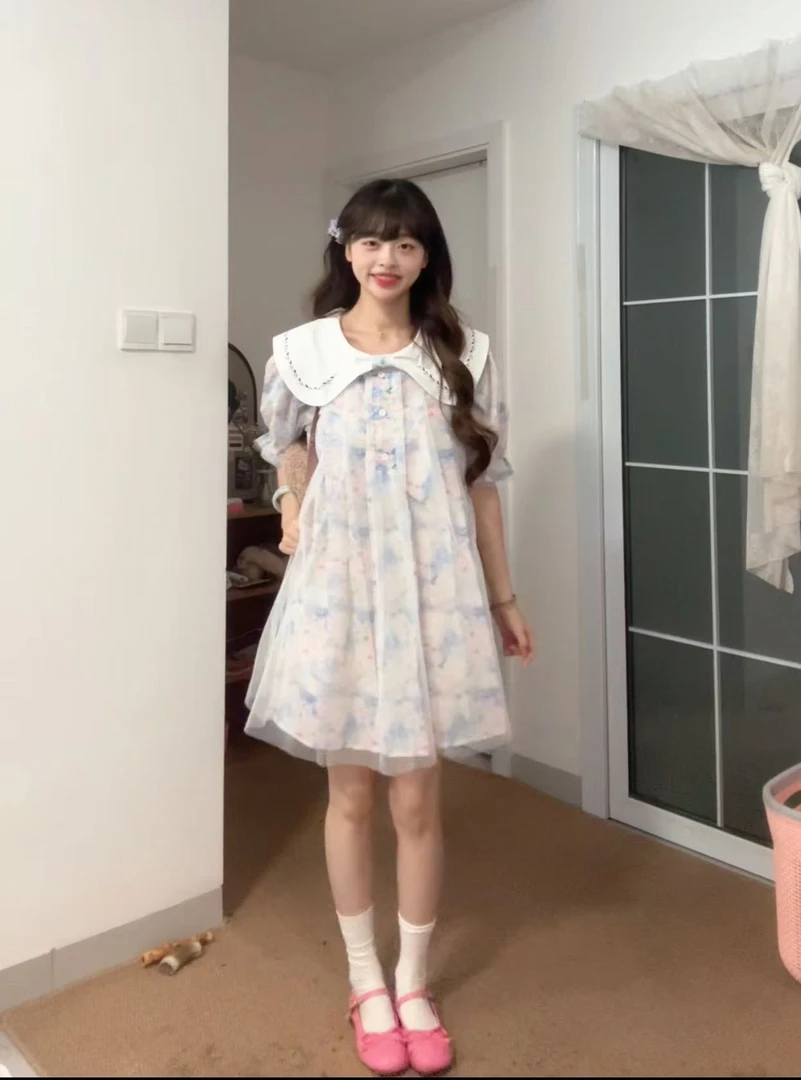 甜圈圈【吉娃仙仙】碎花海军领小个子连衣裙可爱甜美娃娃连衣裙