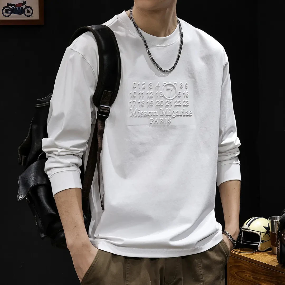 钢印数字潮牌长袖t恤男百搭新款秋季男士圆领内搭衣服春秋款大码