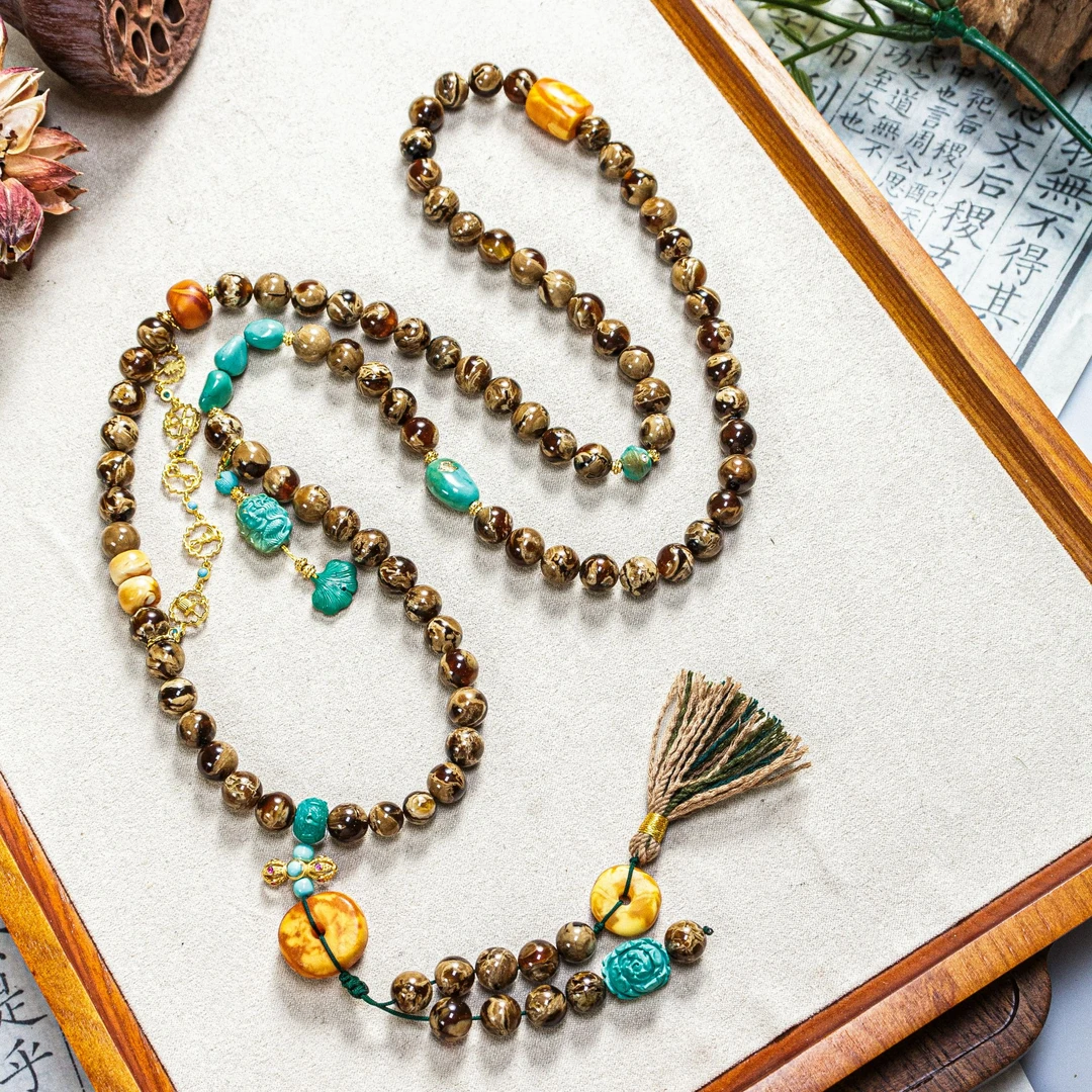 【壹芳珠宝】天然原矿琥珀缅珀花根美人鱼毛衣链8mm