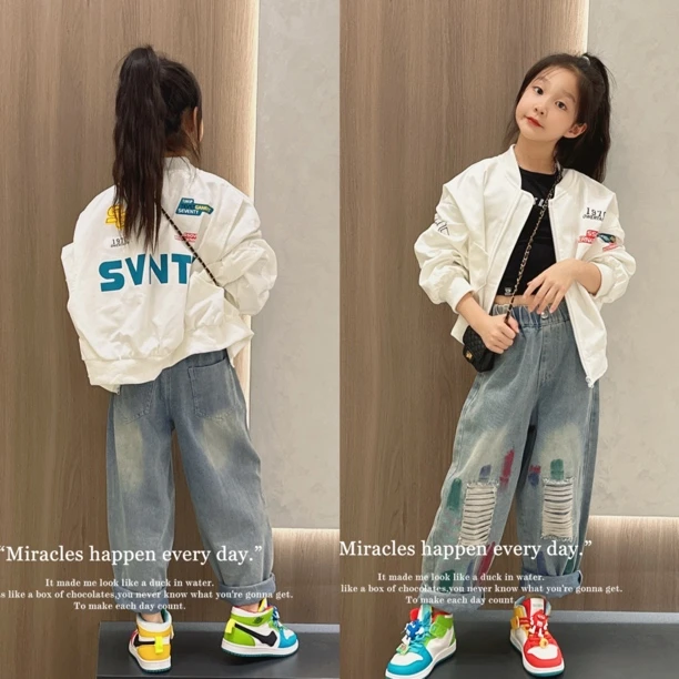 女童外套春款2025新款春儿童棒球服夹克女孩上衣宽松时髦潮牛仔裤