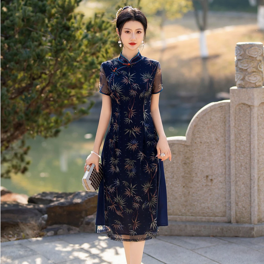 恬子梦 T816 夏季新款 彩竹 裙长115 短袖奥黛旗袍