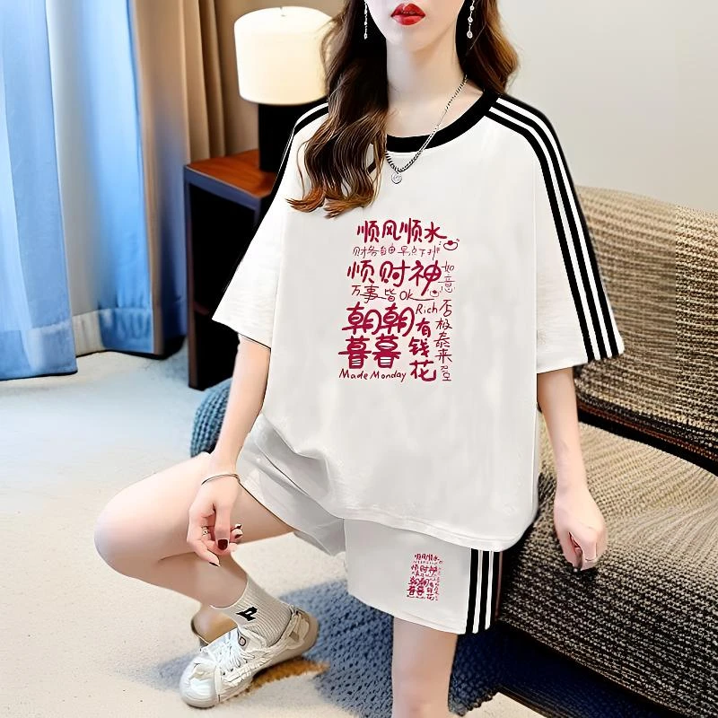 运动服薄款学生休闲大码ins时尚显瘦短袖短裤套装休闲运动套装女