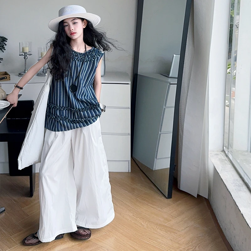 女童夏装条纹背心套装2025新款韩系时髦中大童无袖阔腿裤两件套潮