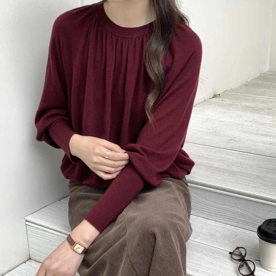 《老板娘专属》868款100%精纺超细羊毛蝙蝠袖针织褶皱内搭显瘦圆领