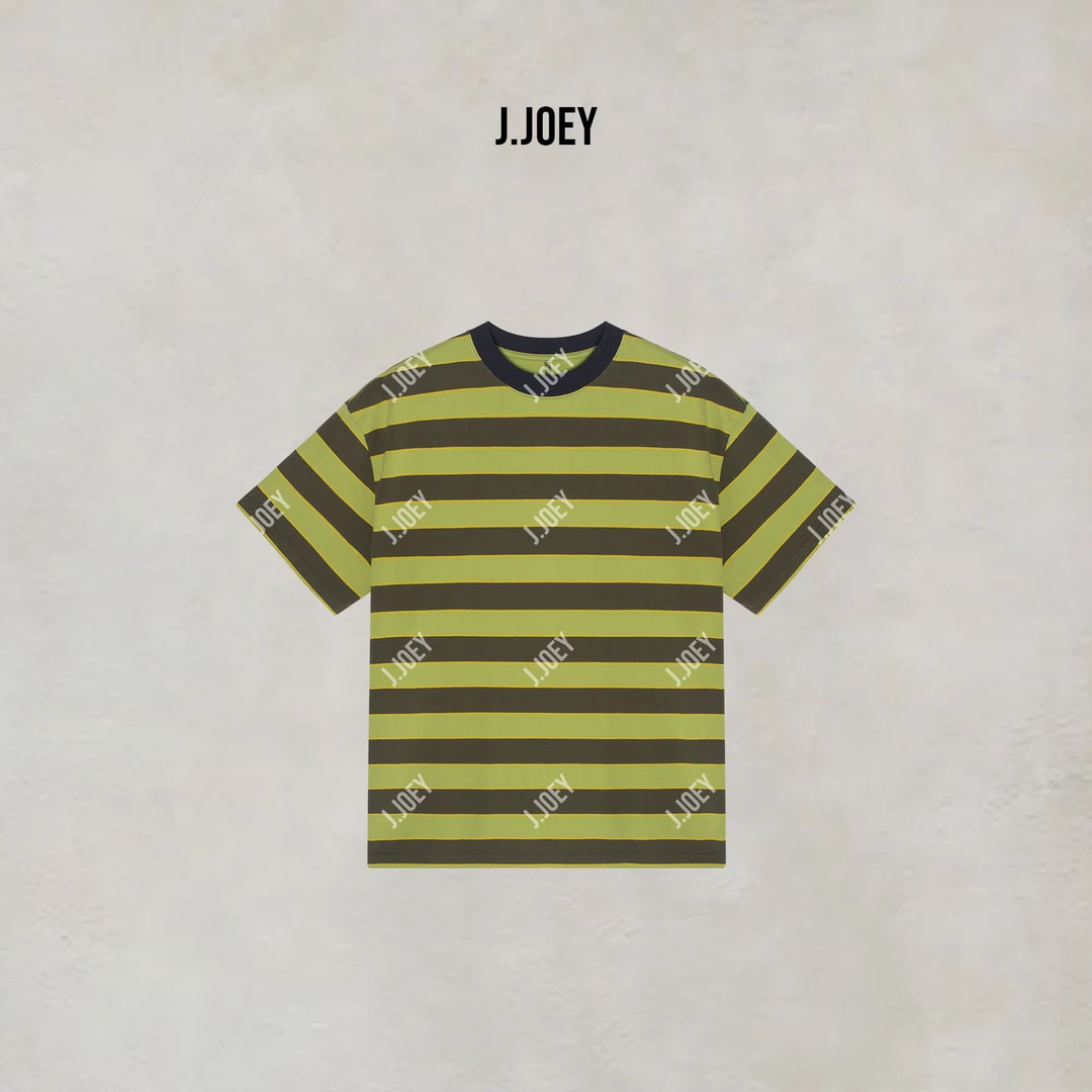 J.JOEY 极简风复古撞色绿条纹圆领宽松休闲短袖T恤 B50609