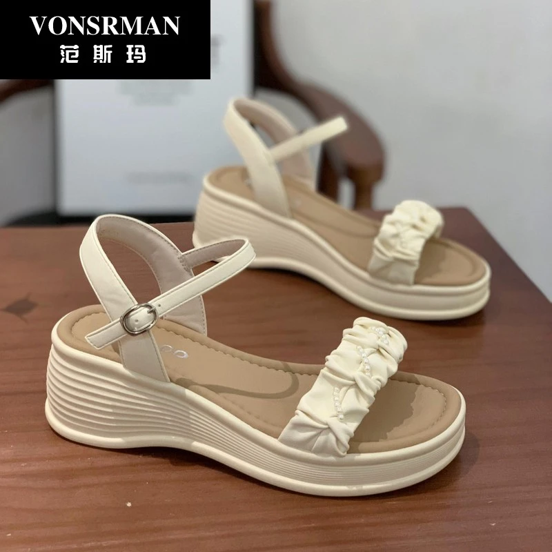 沙滩鞋女2025夏季新款时尚休闲女鞋厚底坡跟韩版搭扣凉鞋百搭鞋子
