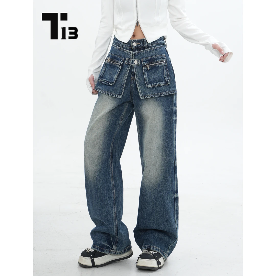 T13妮妮【CPO28D】新款宽松中高腰显瘦直筒牛仔裤女款