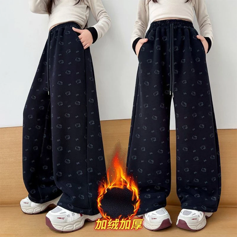 女童加绒裤子秋冬季新款儿童一体绒阔腿裤女孩外穿加厚休闲裤长裤