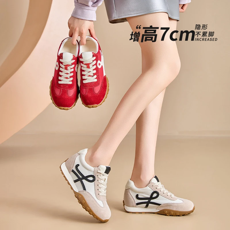 7CM内增高红色德训鞋女夏季软底真皮百搭透气爆款运动复古阿甘鞋