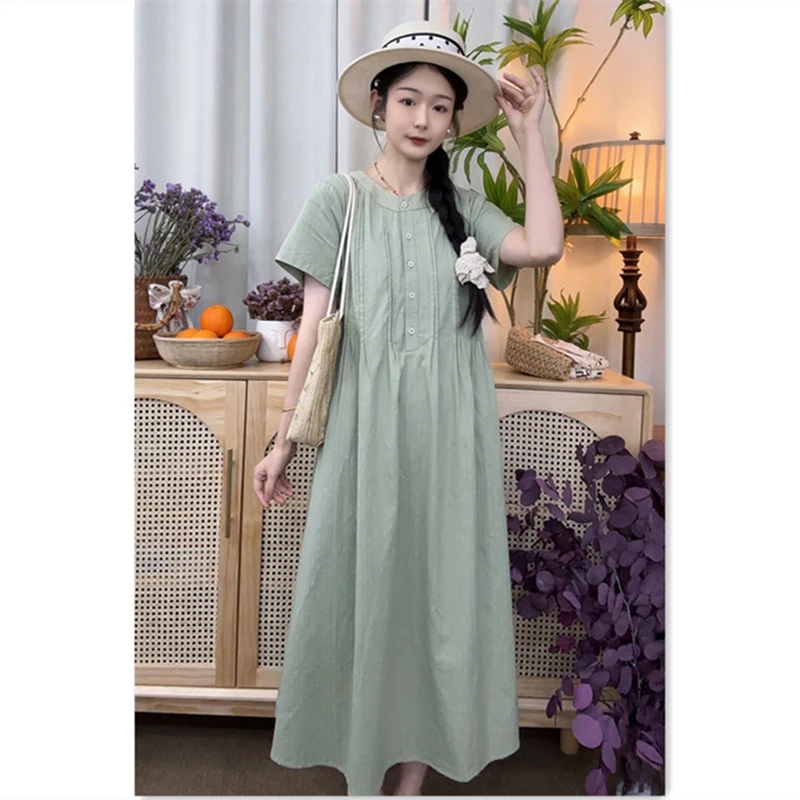 大乔【朝暮】夏季纯棉短袖连衣裙提花长裙显高遮肉
