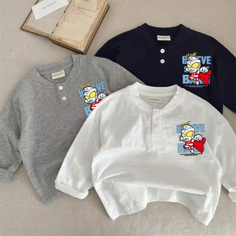 2025开学童长袖T恤春秋新品Polo男宝宝立体卡通条纹奥特曼打底衫t