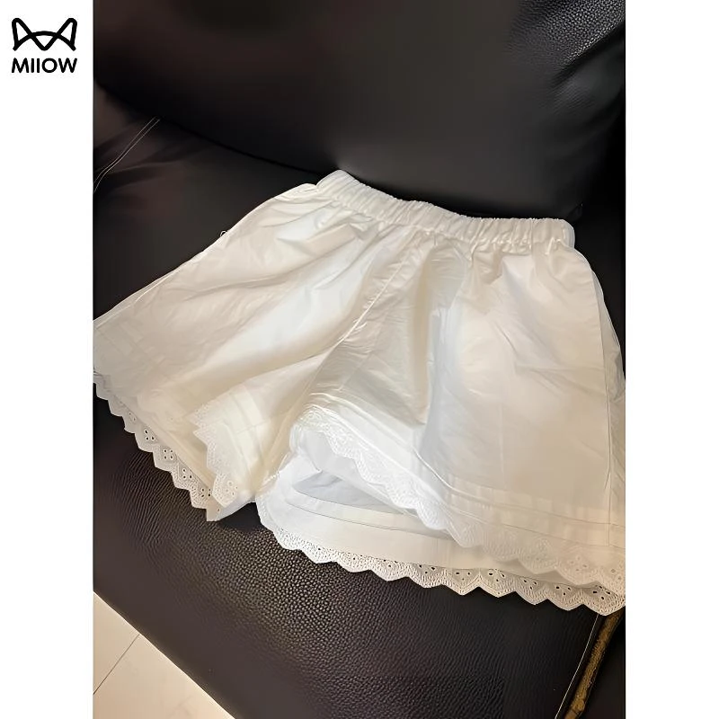 猫人白色蕾丝花边拼接阔腿休闲短裤女夏宽松高腰韩版百搭运动热裤
