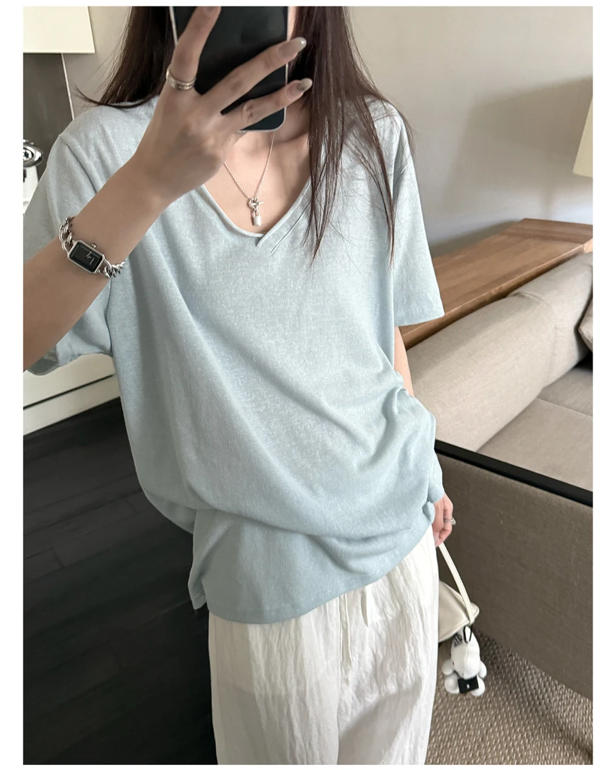 【有运费险】慵懒松弛感雪花棉肌理卷边V领短袖T恤女夏季宽松显瘦