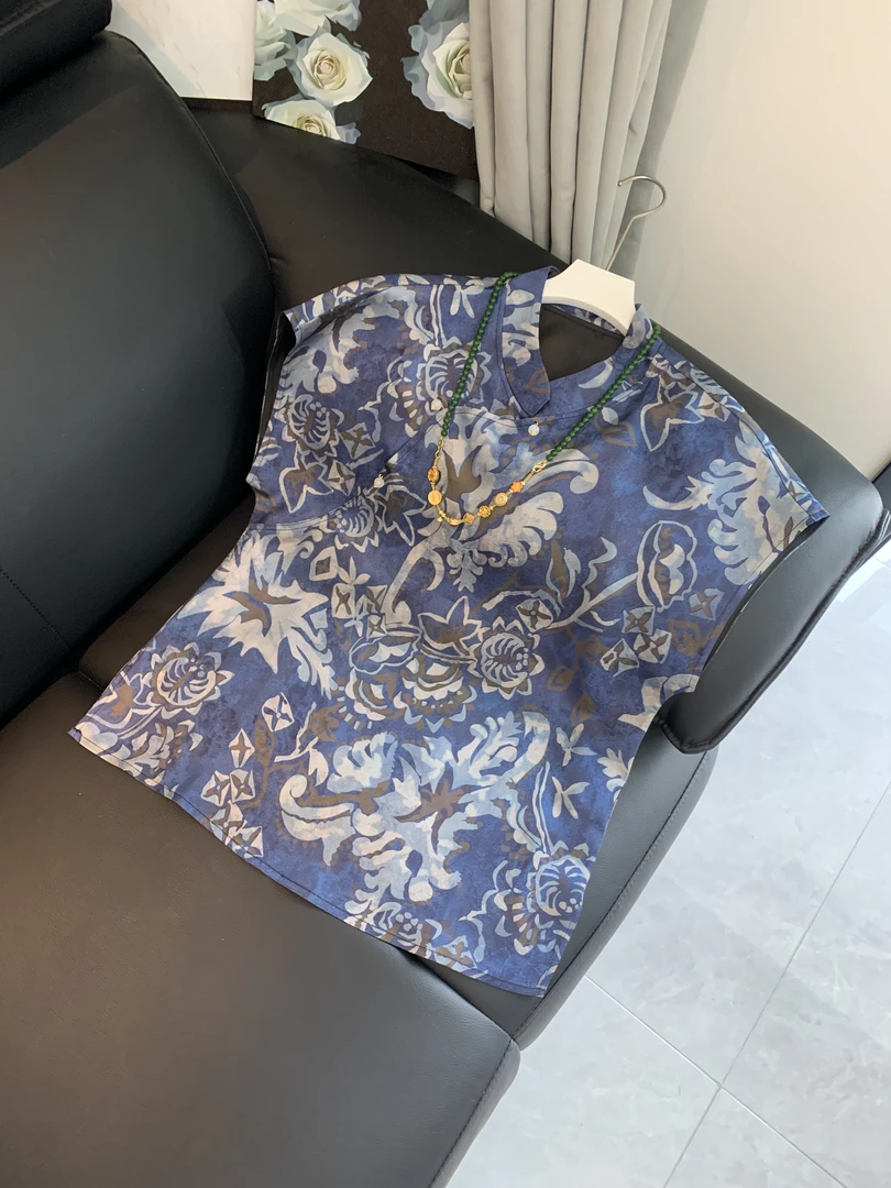 九月   青花瓷短袖  新中式立领盘扣短袖复古宽松显瘦设计师款