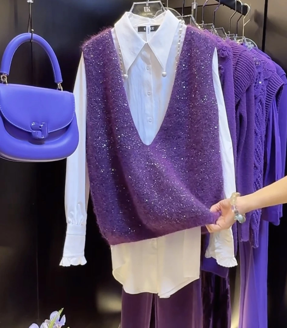 韩系撞色叠穿两件套女秋冬新款细闪亮片V领针织马甲白色衬衫套装