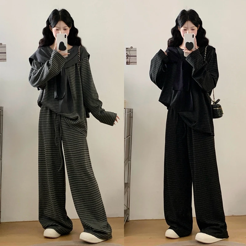 大码胖mm秋季新款条纹宽松慵懒风遮肉显瘦气质时尚上衣披肩套装女