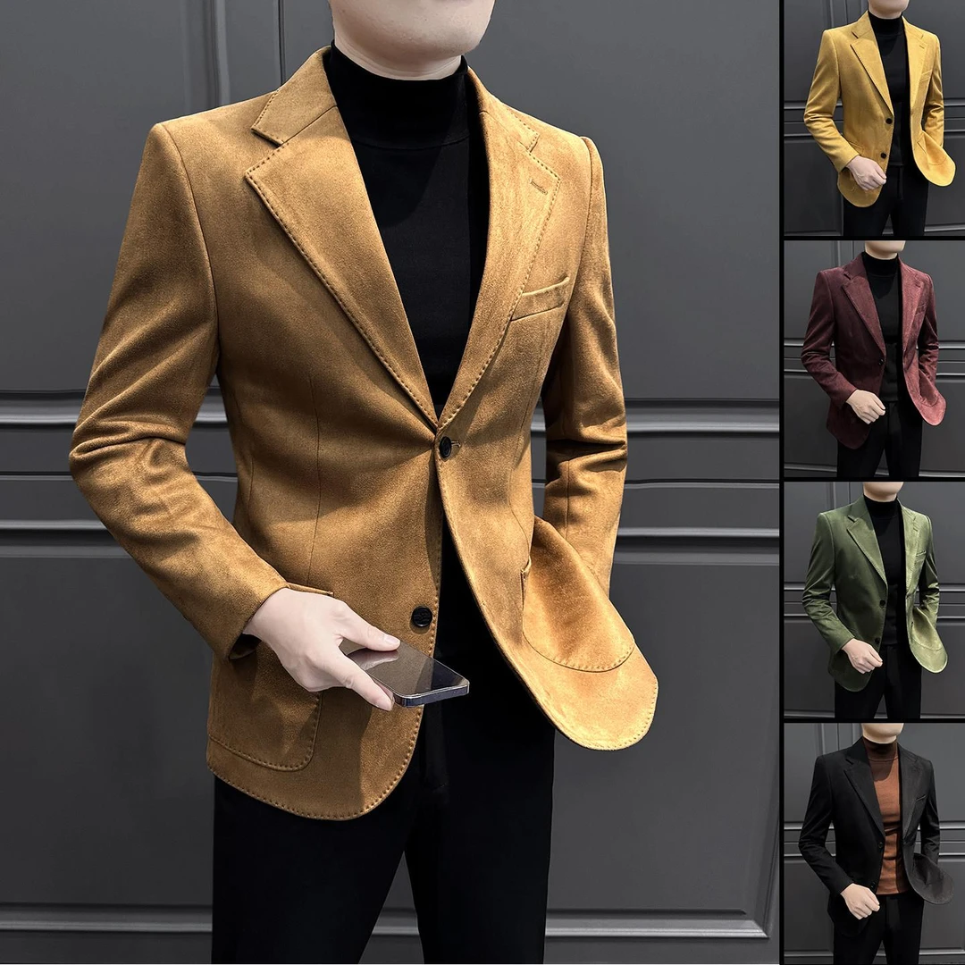 麂皮绒男士休闲西装外套2026新款冬装商务高级感修身西服单件上衣