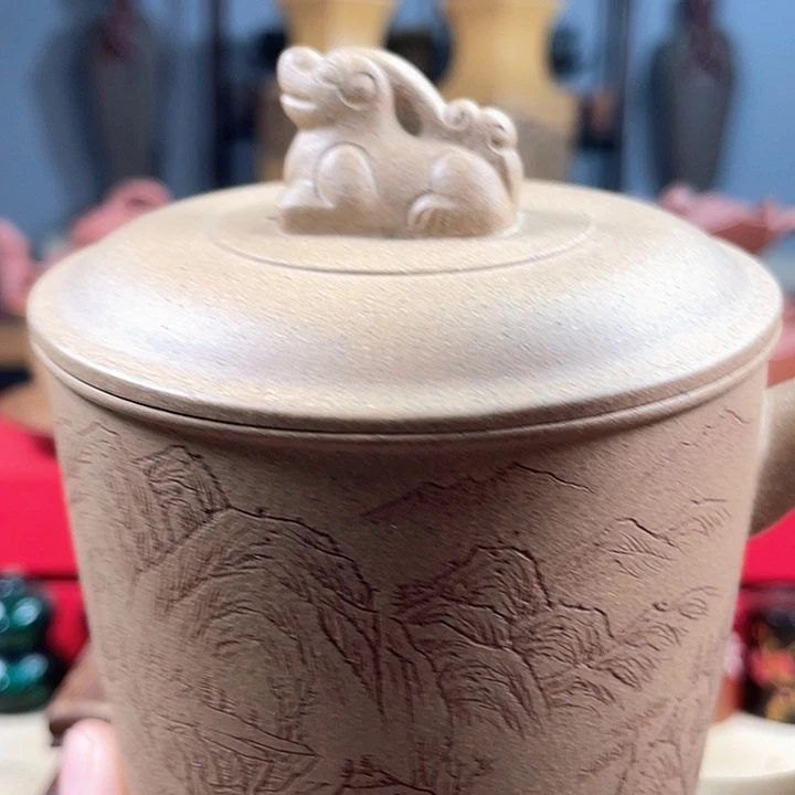 悟***方山水貔貅盖杯微瑕