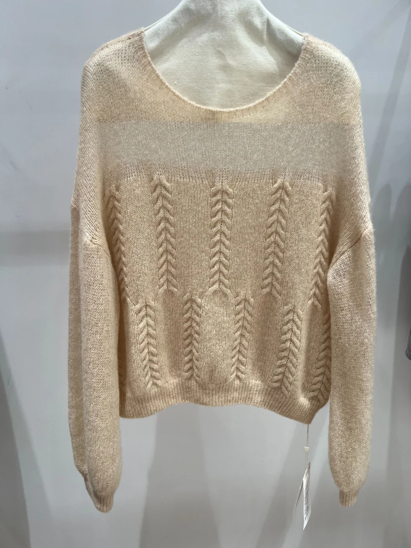 【小新羊绒】《裸色麻花》桑蚕丝山羊绒镂空小灯笼袖女春秋冬针织