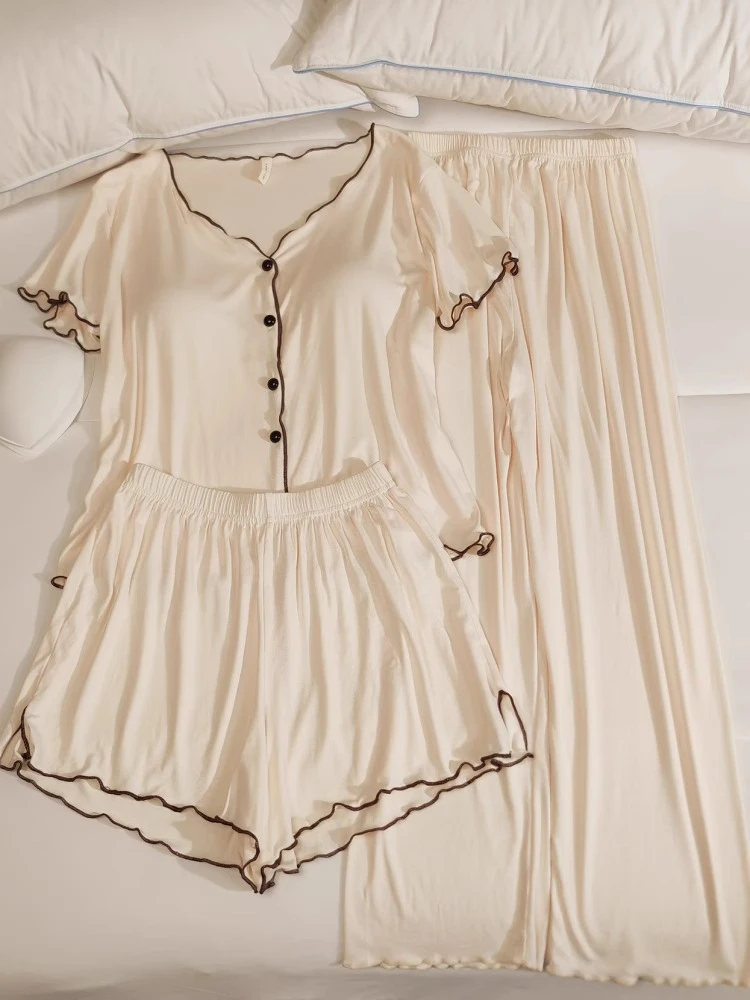 带胸垫睡衣女夏季短袖开衫高级感三两件套薄款纯欲风莫代尔家居服