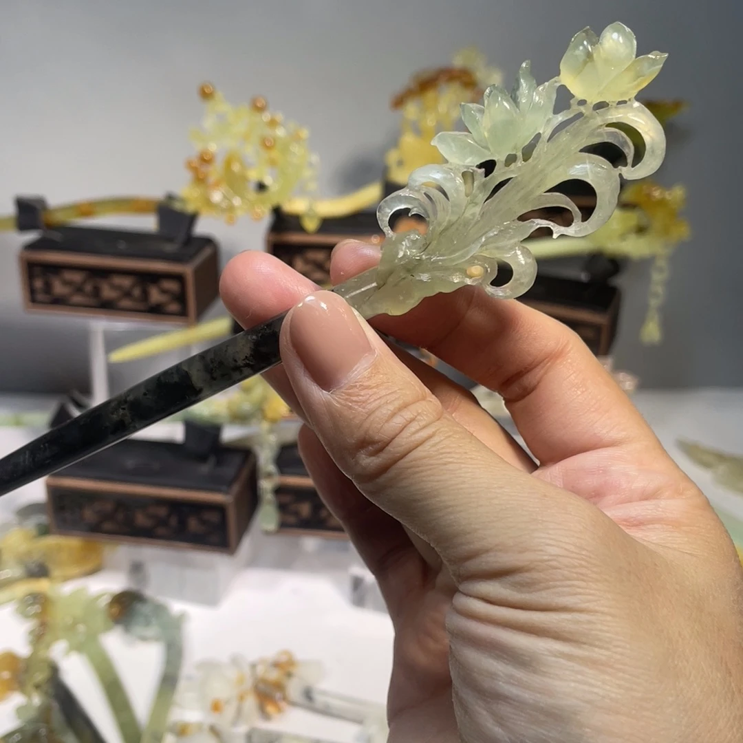 蛇纹石玉合金发饰岫岩玉手工雕刻发簪