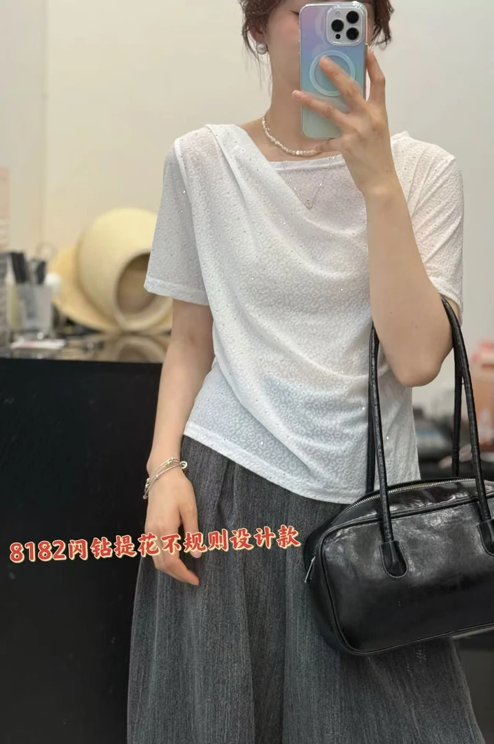 MISS RUILI  定制  2025夏季新款法式压褶斜领短袖上衣F0697