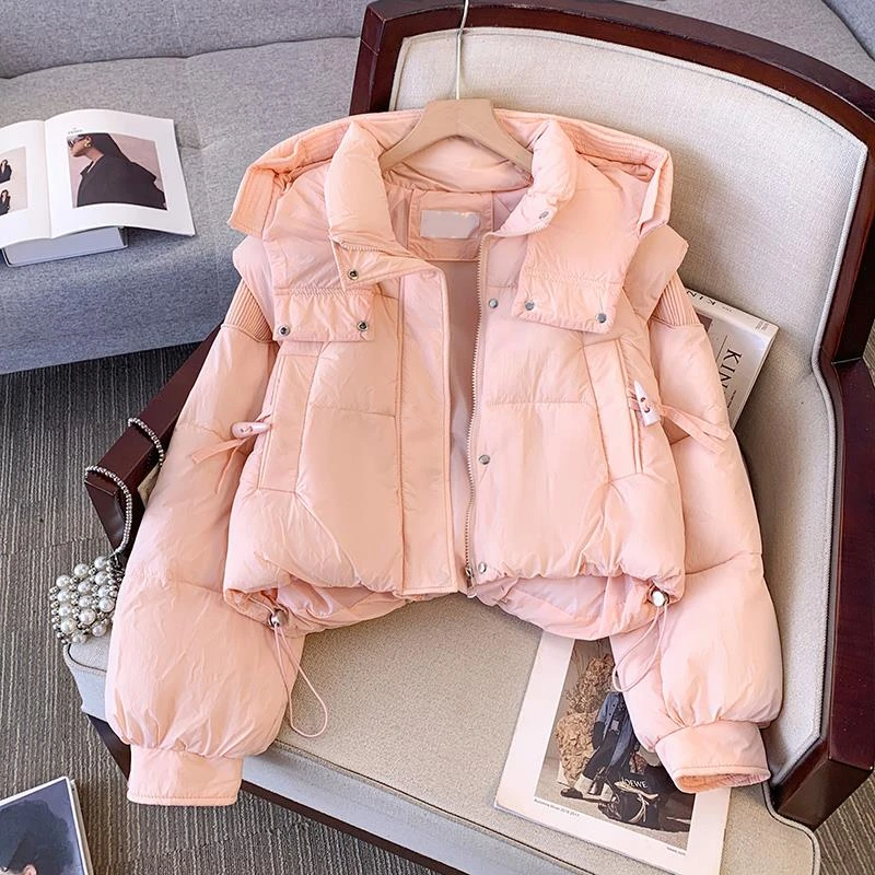 粉色短款时尚棉服女2024年新款冬季洋气小个子面包服加厚棉衣外套