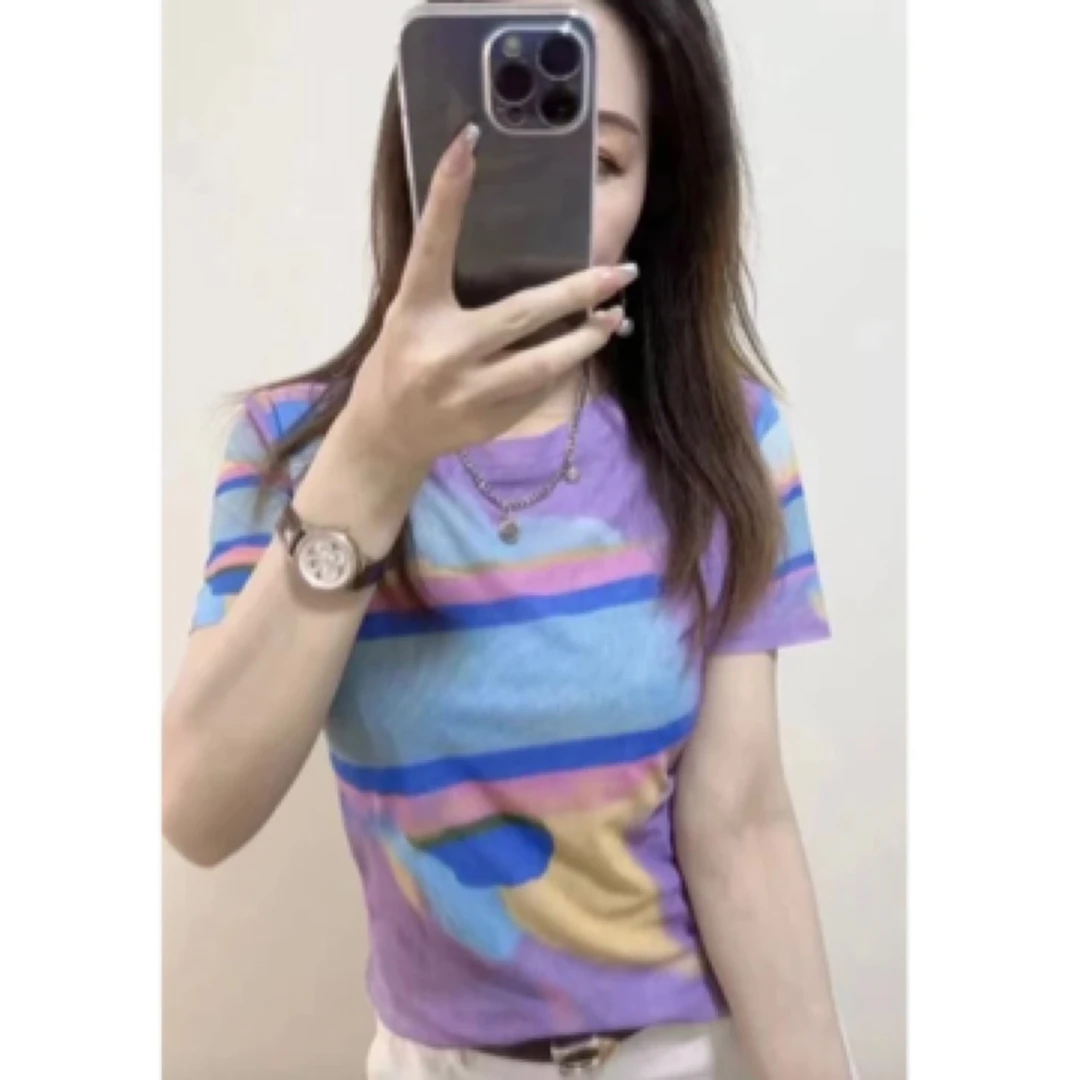 2025夏季时尚洋气圆领网纱t恤女定位花上衣短袖T恤套头A1018