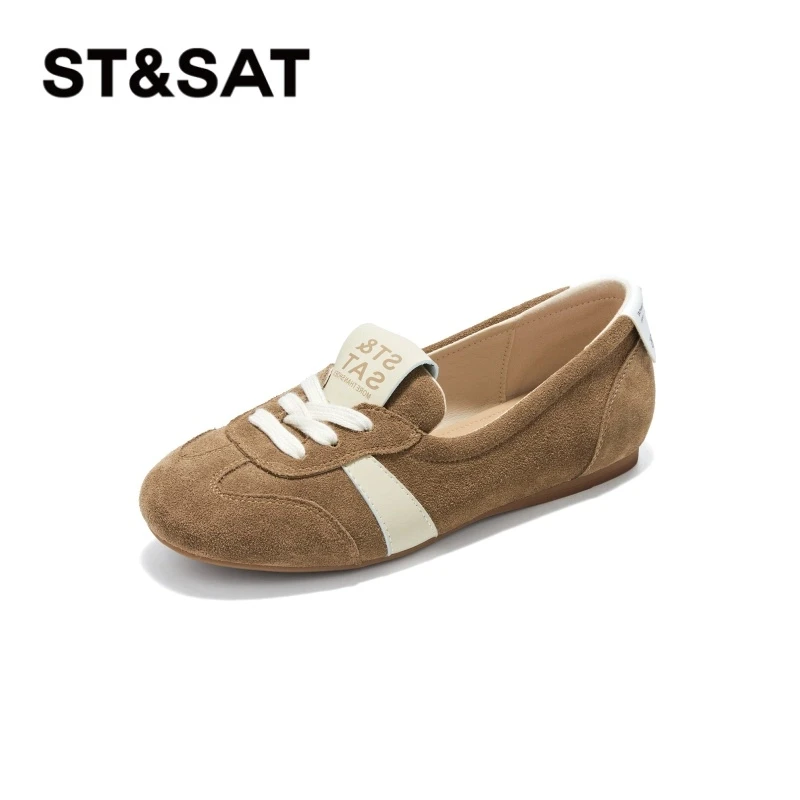 St&Sat/星期六舒适真皮软底德训鞋浅口圆头复古牛皮芭蕾休闲单鞋