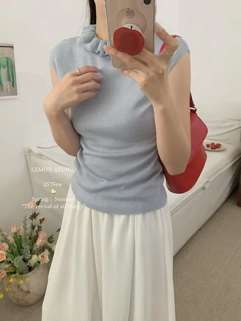 LEMON 2501# 小花叠领针织爆款上衣