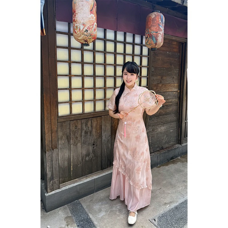 夏季2025新款国风新中式提花褶皱改良旗袍显瘦大码连衣裙