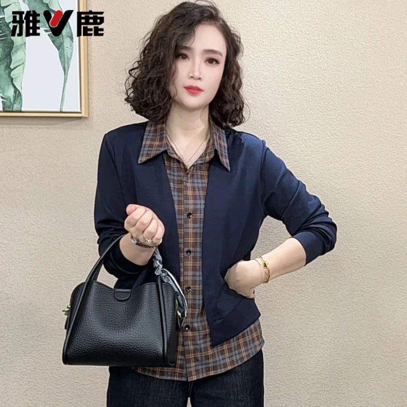 雅鹿假两件衬衫女秋季时髦洋气格子拼接减龄设计感长袖上衣