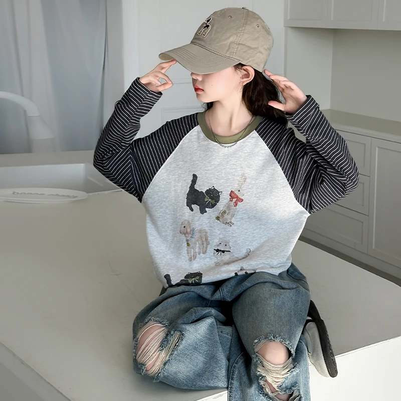 女童春秋条纹卡通印花长袖T恤2025新款中大童韩版宽松拼色长袖