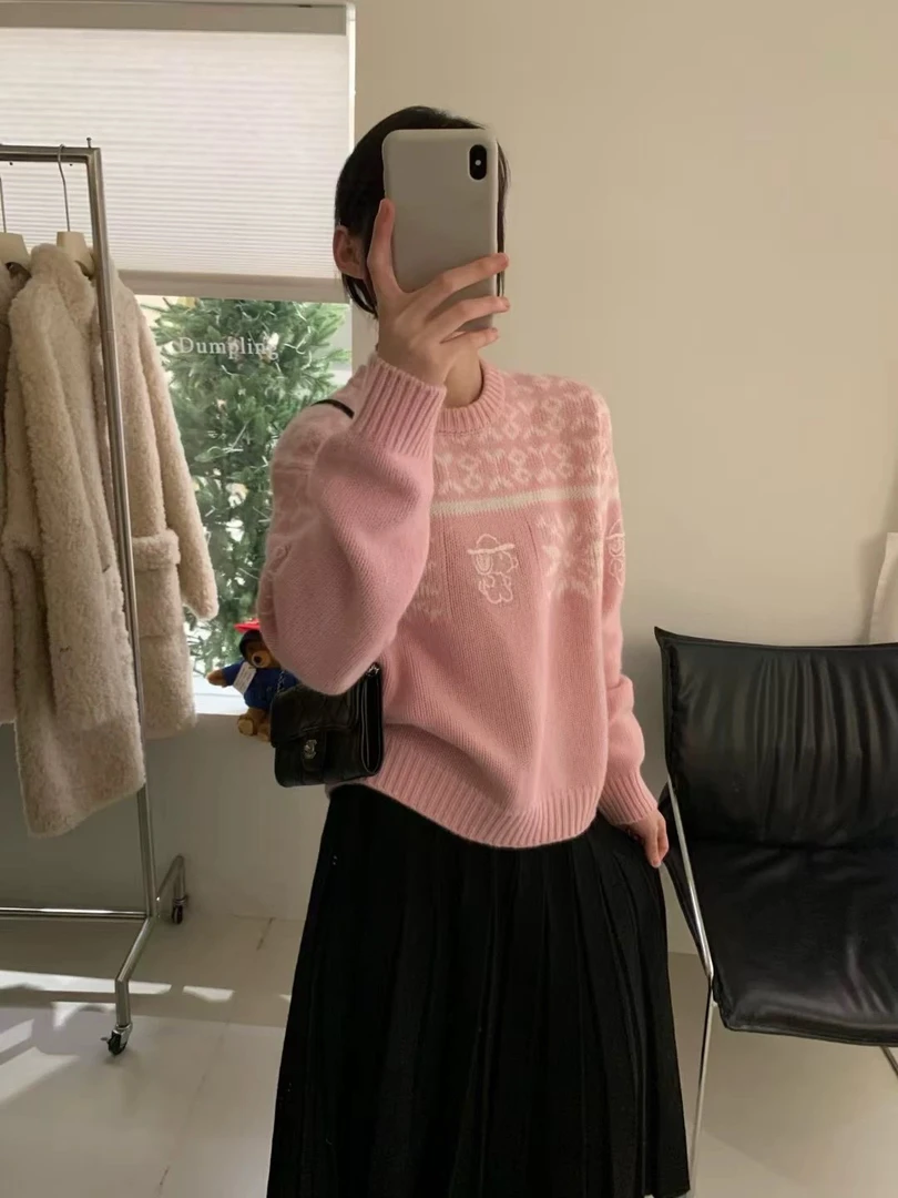 秋冬新款韩系简约百搭显瘦复古小狗8417花毛衣