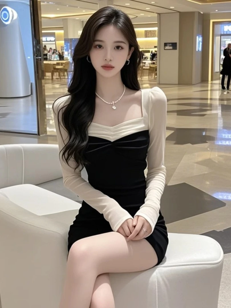 气质时尚撞色方领连衣裙子女装2025年开春新款高腰显瘦包臀短裙潮