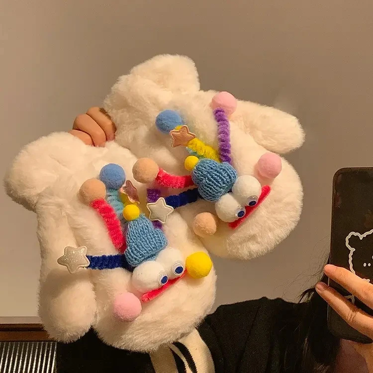 可爱毛绒绒手套女冬季加绒加厚挂脖保暖女学生防寒连指多巴胺手套