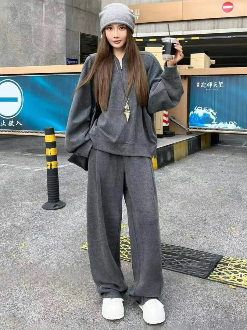 冬加厚老钱风松弛感弯刀裤两件套女士休闲套装8687W