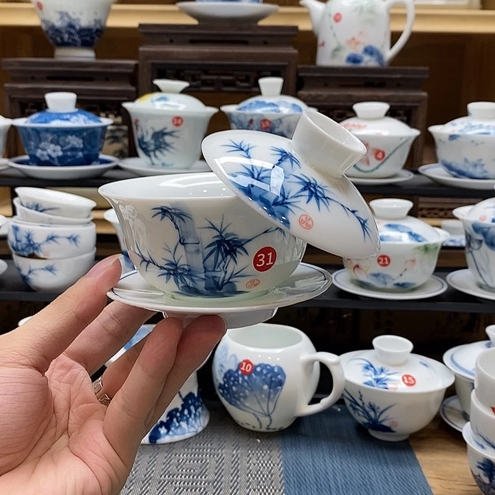 手绘悬停竹子150盖碗釉下彩高温瓷微瑕福利款