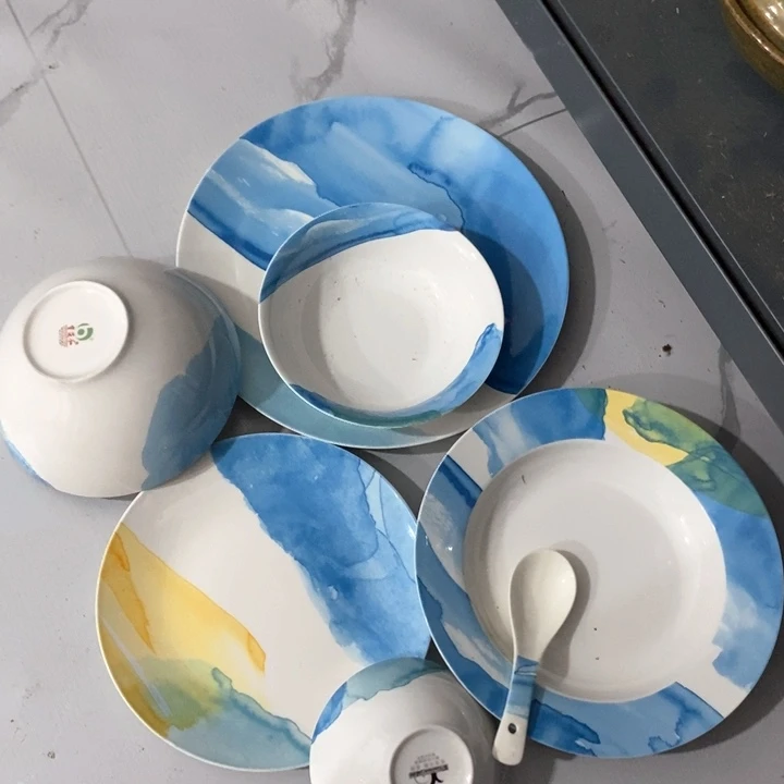 瓷片梧桐树釉中彩餐具七件套