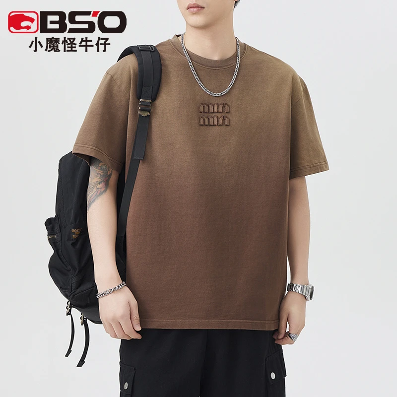 小魔怪夏季重磅290克刺绣渐变水洗纯棉短袖T恤男国潮美式休闲上衣